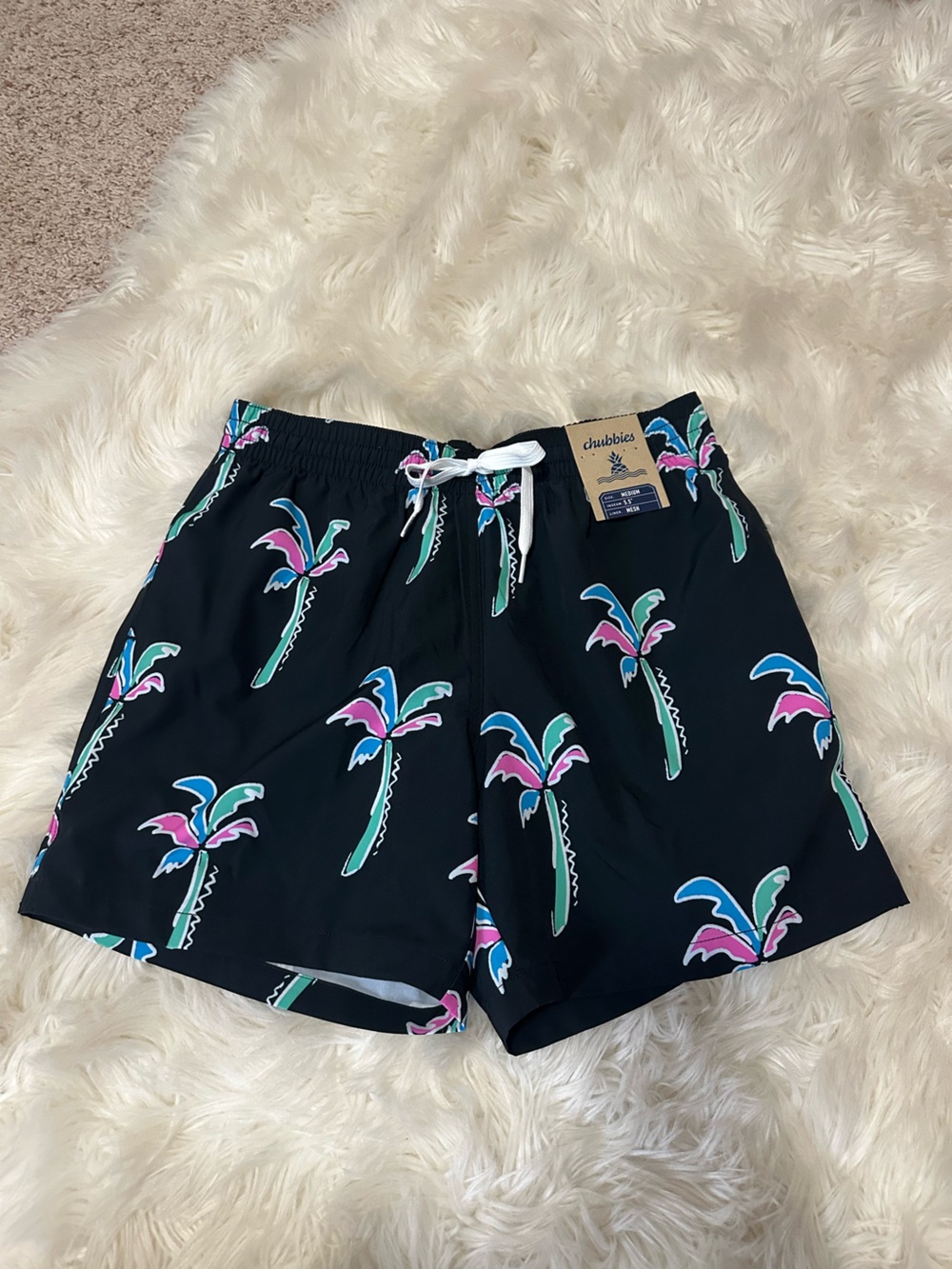 NWT chubbies Black Swim Trunks with Teal & Pink Palm Accents